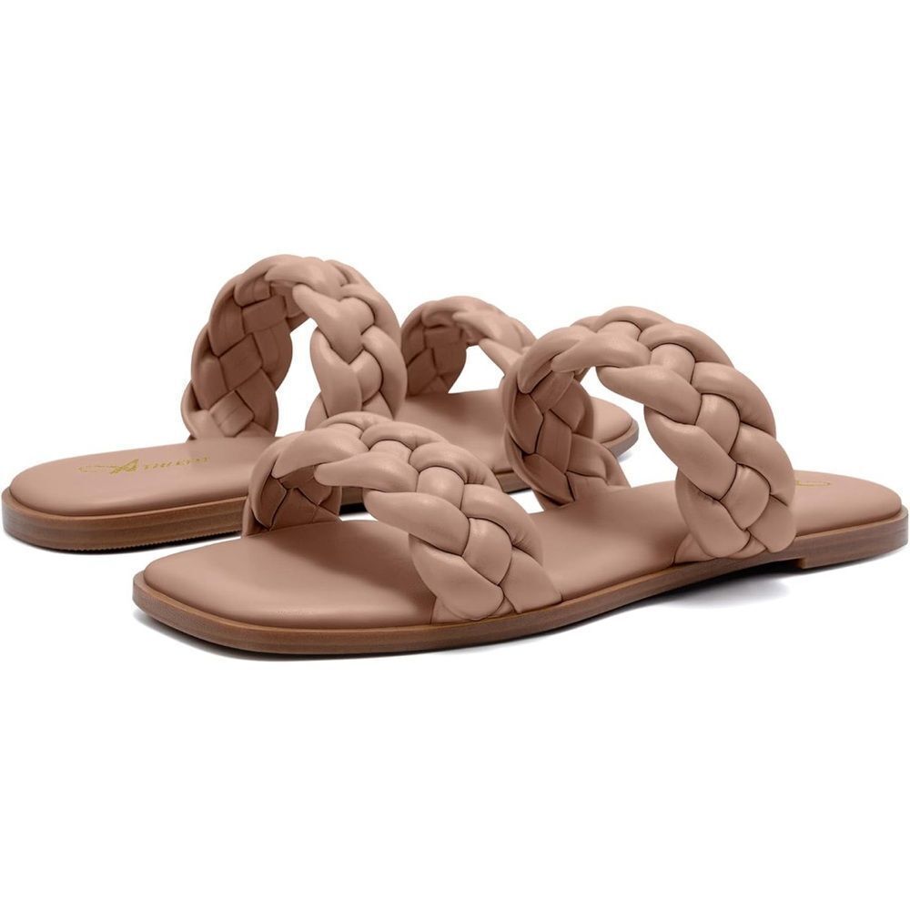 Tan Braided Flat Sandals with Open-Toe Design